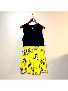 NWT Y2K Navy & Yellow Floral Skater Dress By City‎ Triangle RN#75010 Size 13